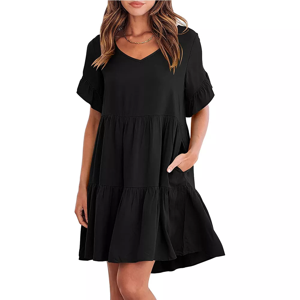 Lässiges Minikleid mit V-Ausschnitt und gerüschten Spitzenärmeln
