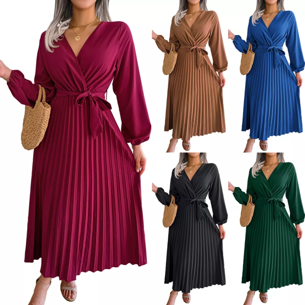 Maxikleid mit plissiertem Saum und V-Ausschnitt