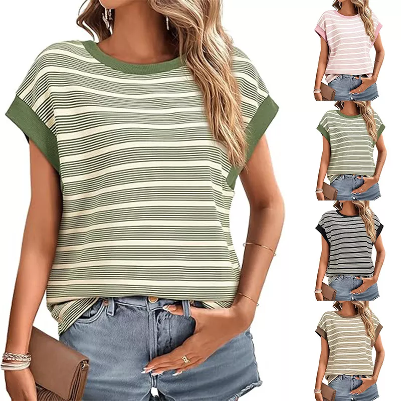 Sommer-Rundhalsausschnitt, gestreift, gestrickt, lockeres Damen-T-Shirt