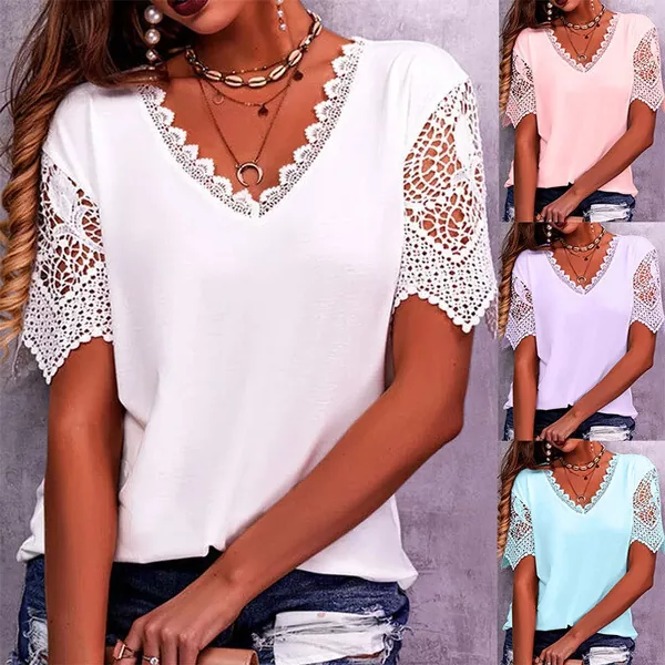 Sommer-Patchwork-Spitze-Damen-T-Shirt mit V-Ausschnitt